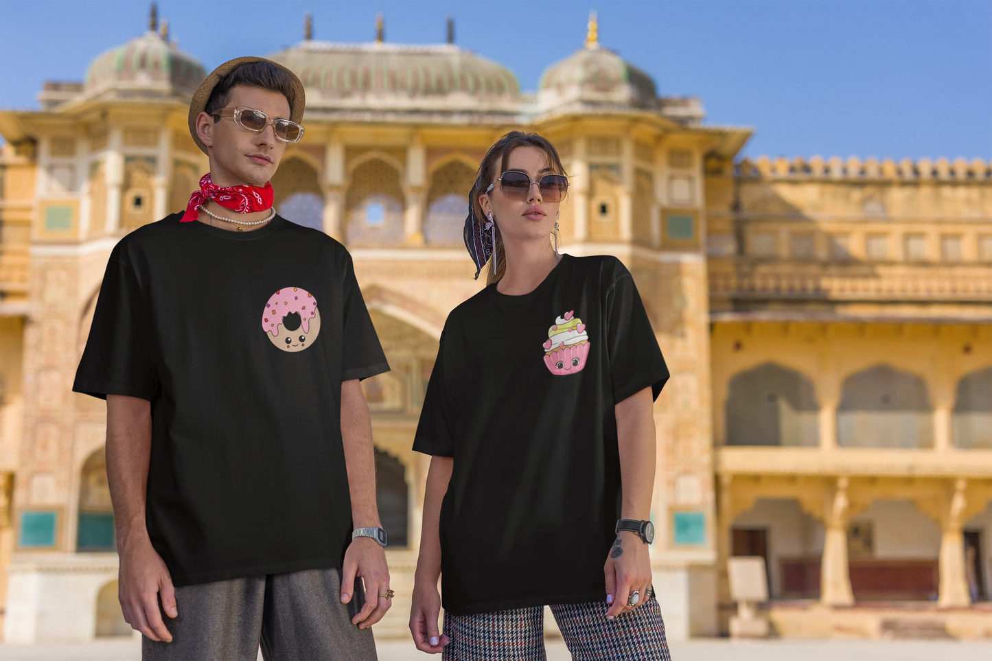 Donut and Cupcake | Couple | Premium Oversized Half Sleeve Unisex T-Shirt