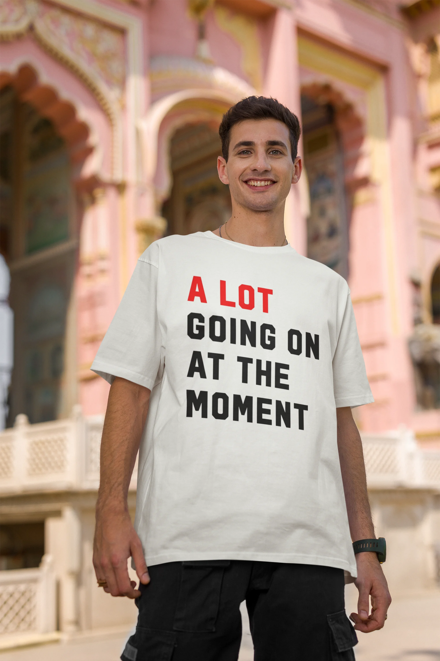 Second image of Man wearing Taylor Swift Red-themed half sleeve tee, showcasing iconic eras tour merch and Taylor's Version nod