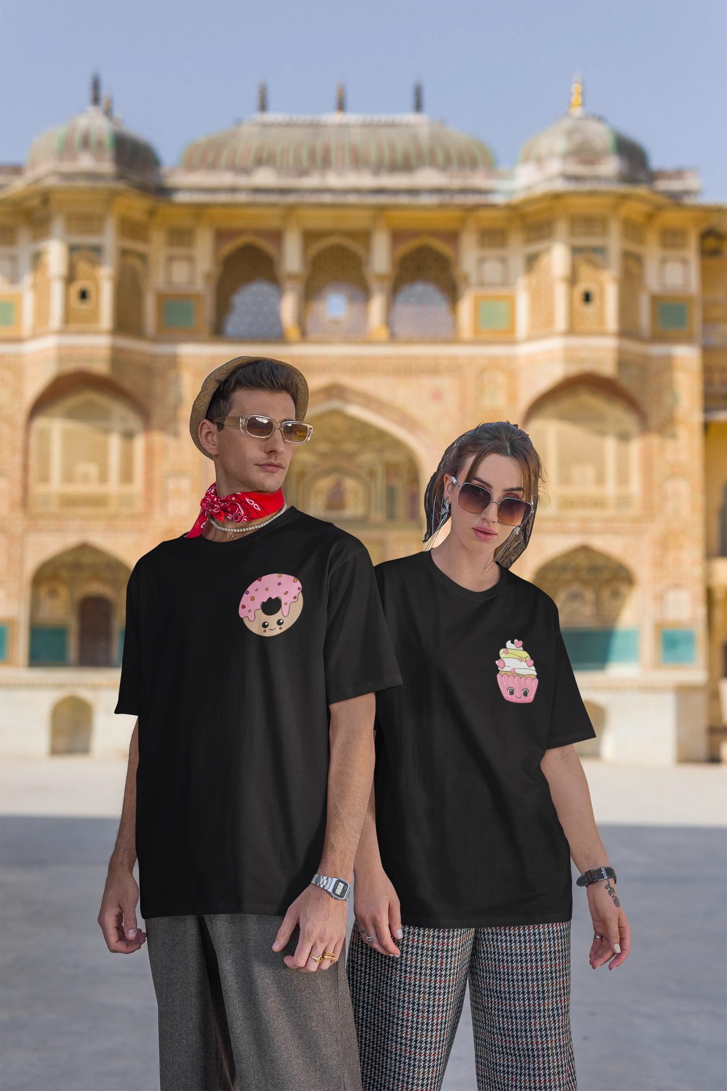 Donut and Cupcake | Couple | Premium Oversized Half Sleeve Unisex T-Shirt