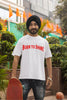 Second front image of a male model wearing a off-white oversized t-shirt featuring a Diljit Dosanjh-inspired design with the text 