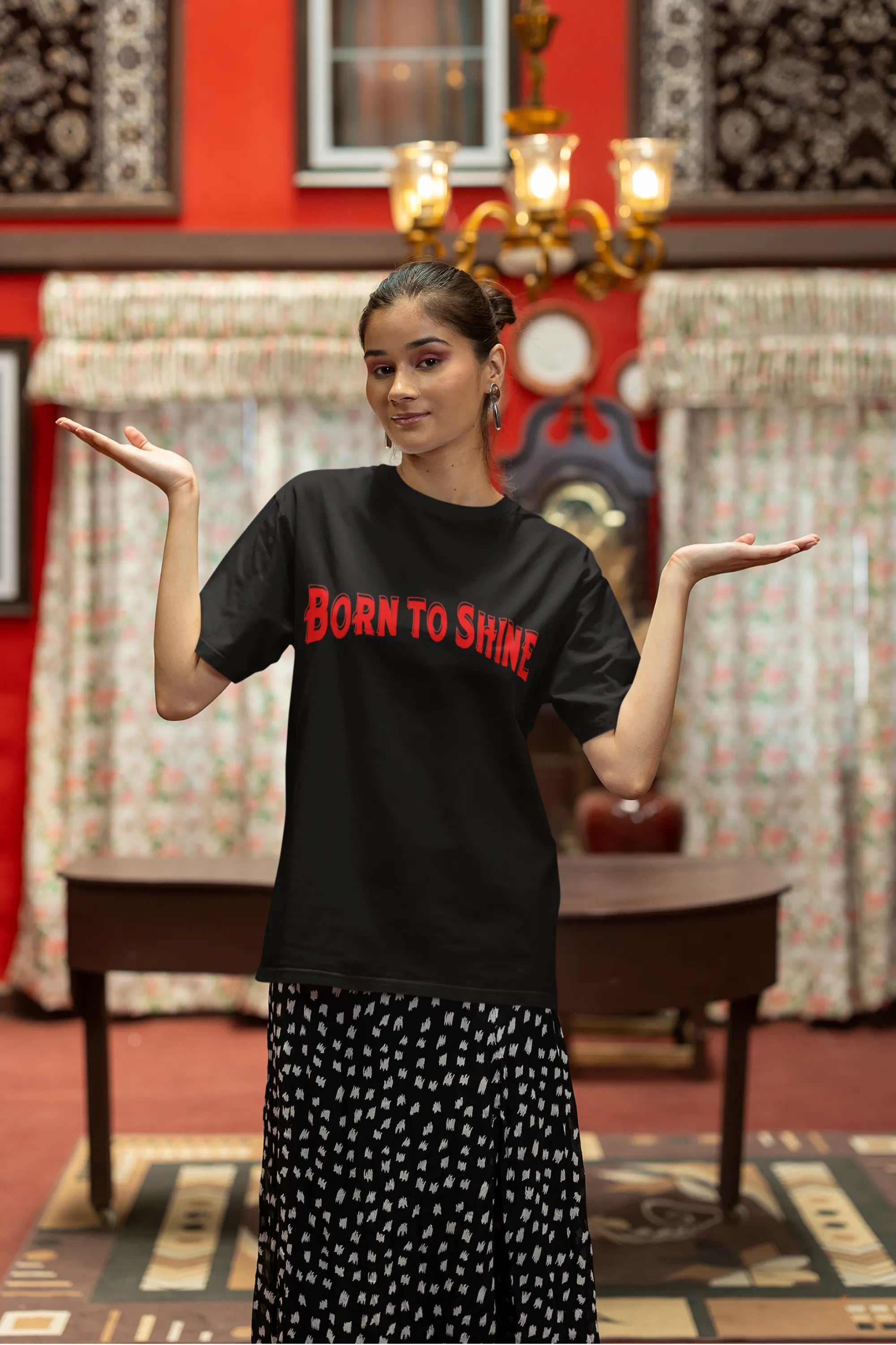 Second front image of a female model wearing a black oversized t-shirt featuring a Diljit Dosanjh-inspired design with the text "Born to Shine."