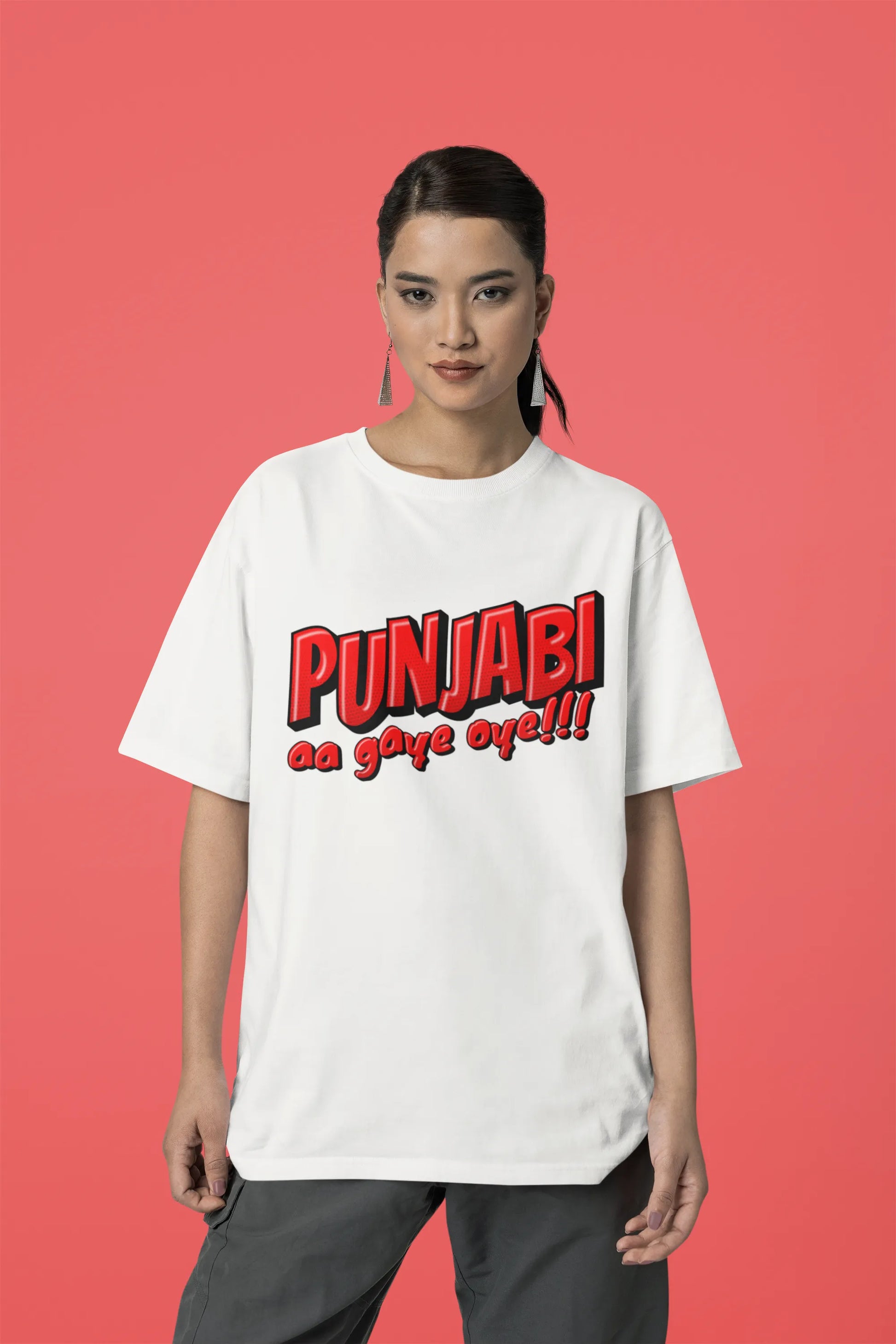Fourth front view of a female model wearing an off-white oversized t-shirt with the text "Punjabi Aa Gaye Oye".