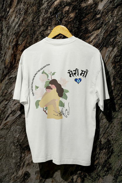 Back view of an off-white oversized t-shirt featuring a design depicting a mother tenderly holding a baby