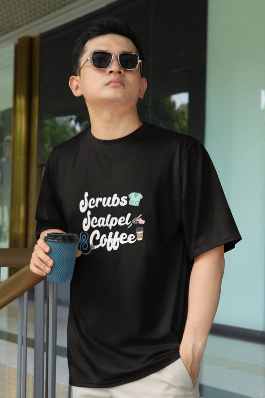 Scrubs, Scalpel and Coffee | Medico | Dropped Sleeve Unisex Tee
