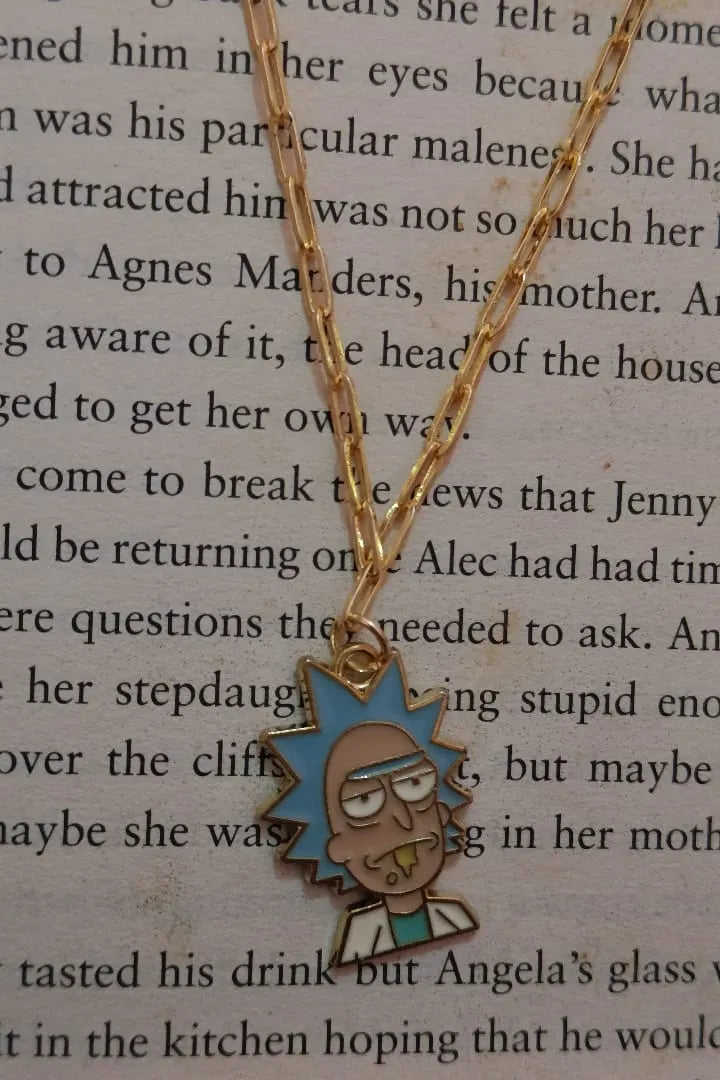 Second image of a rick and morty themed anti tarnish gold chain with a Rick inspired design.