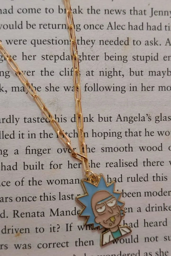First image of a rick and morty themed anti tarnish gold chain with a Rick inspired design.