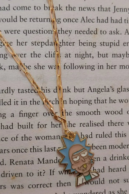 First image of a rick and morty themed anti tarnish gold chain with a Rick inspired design.