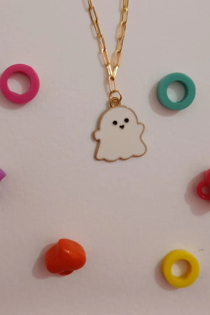 First view of an anti tarnish gold chain necklace featuring a cute white ghost design.