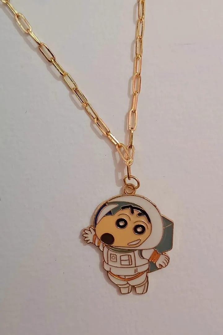 Third view of an anti tarnish gold chain necklace featuring Shinchan in a space suit, exploring the cosmos.
