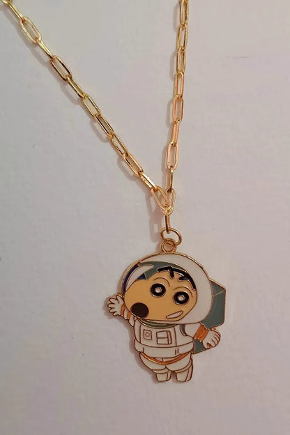 Third view of an anti tarnish gold chain necklace featuring Shinchan in a space suit, exploring the cosmos.