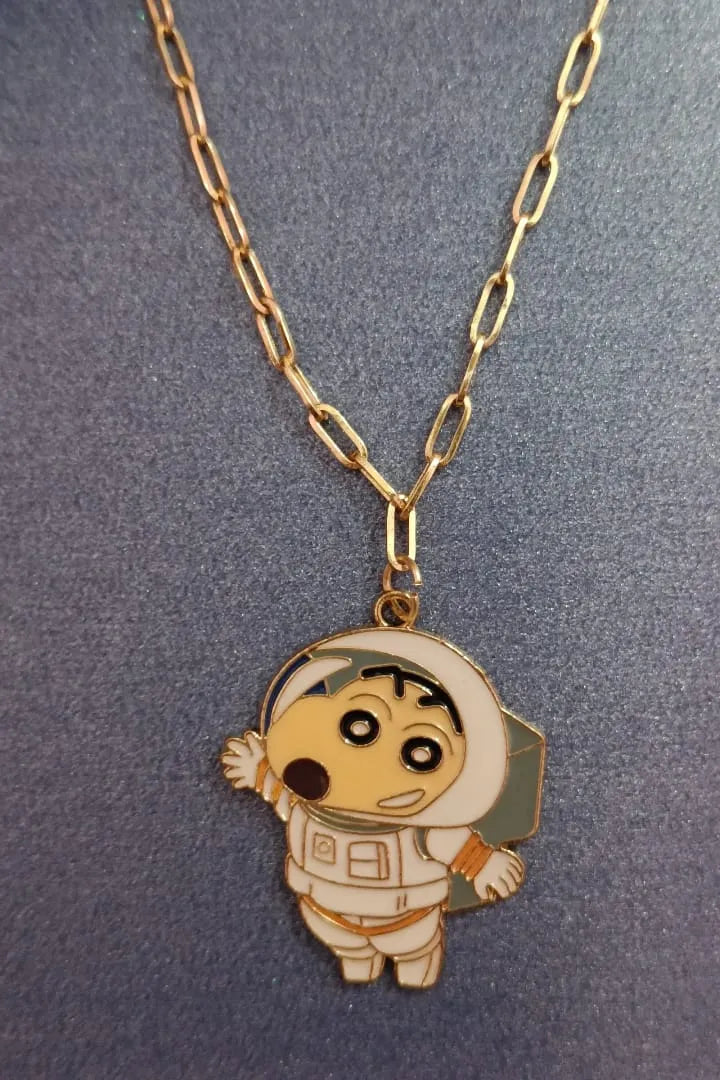 First view of an anti tarnish gold chain necklace featuring Shinchan in a space suit, exploring the cosmos.