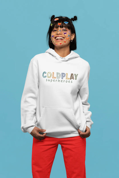 6th front view of a female model wearing an off-white hoodie with a design inspired by the "Something Just Like This" music video, featuring the word "Superheroes".