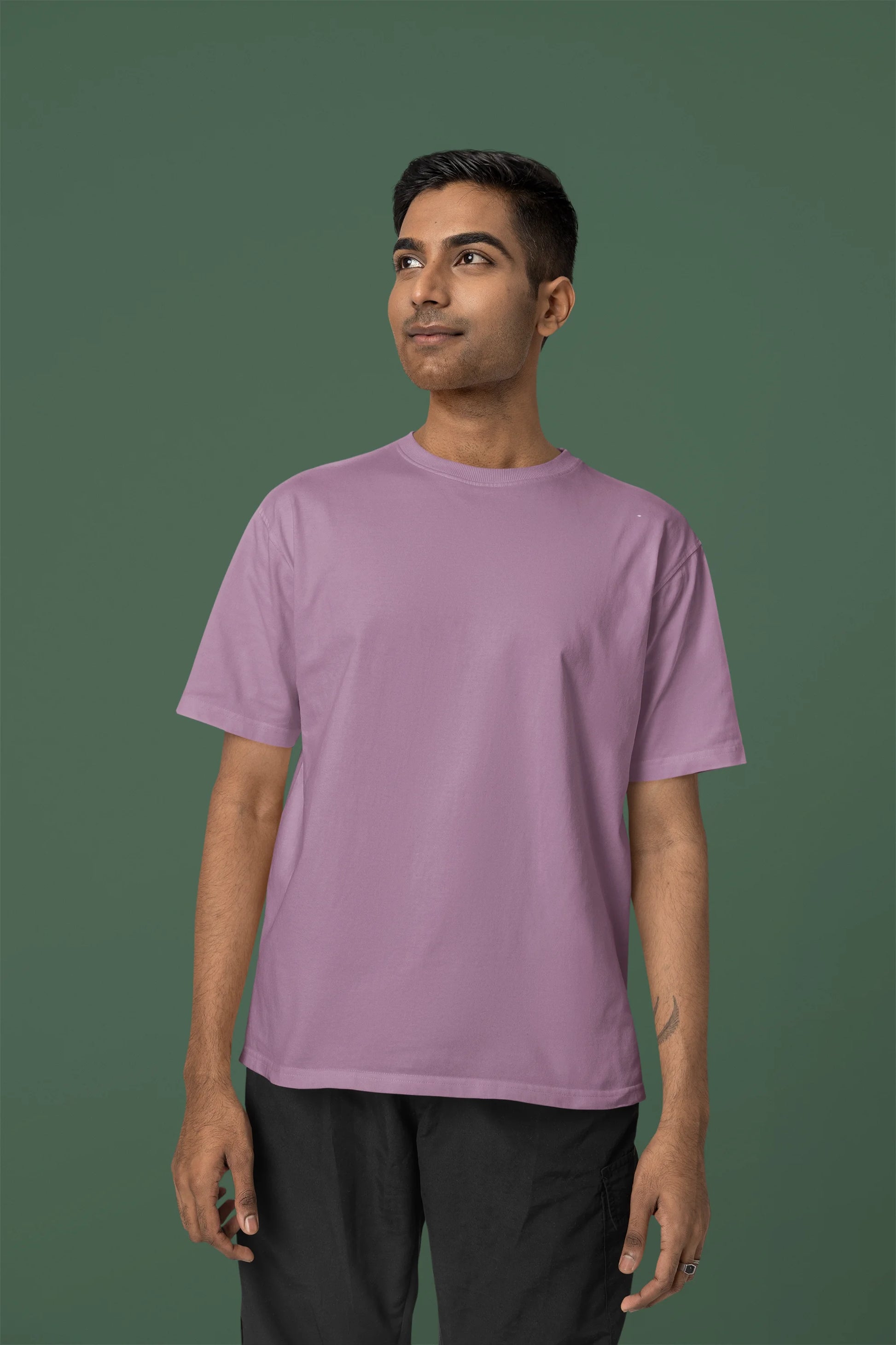 Front view of a male model wearing a dirty purple oversized tee with a Japanese art style tiger design.