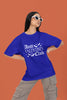 First front view of a female model wearing a royal blue oversized t-shirt with the text 