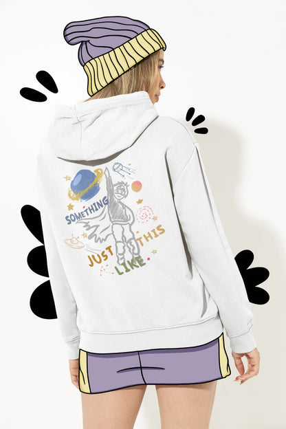 Back view of a female model wearing an off-white hoodie with a design inspired by the "Something Just Like This" music video, featuring the word "Superheroes".