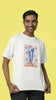 Second front image of male model wearing an off-white oversized t-shirt featuring the World Cup 2024 trophy with the text 