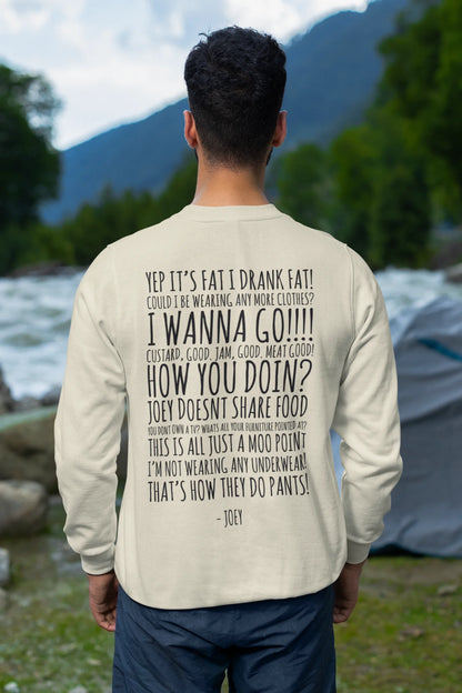 Back view of male model wearing a cream F.R.I.E.N.D.S. sweatshirt featuring a design inspired by Joey Tribbiani's funny quotes and signature charm.