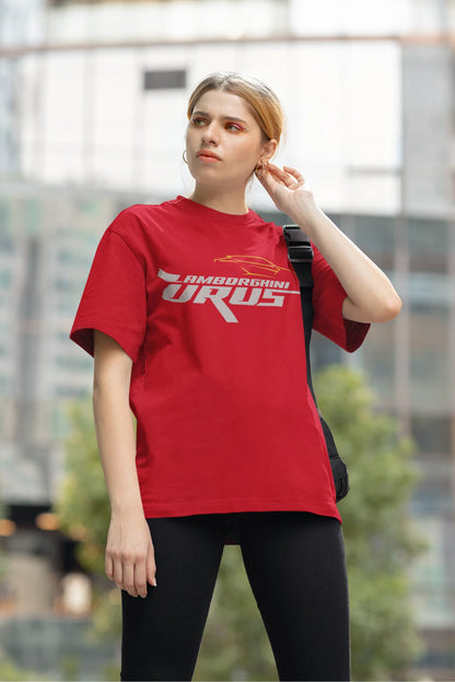 Another front view of a female model wearing a red oversized t-shirt featuring a design of a Lamborghini Urus.