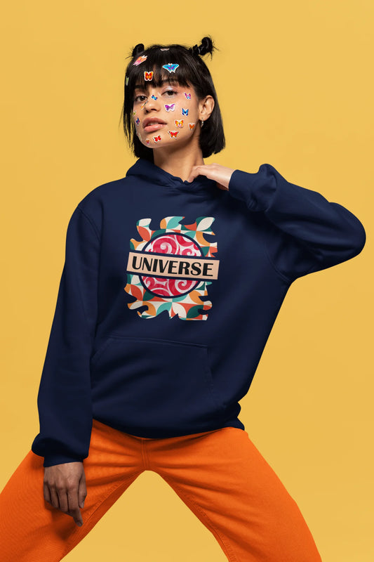 2nd front view of a female model wearing an royal blue hoodie with a cosmic Universe design inspired by Coldplay.