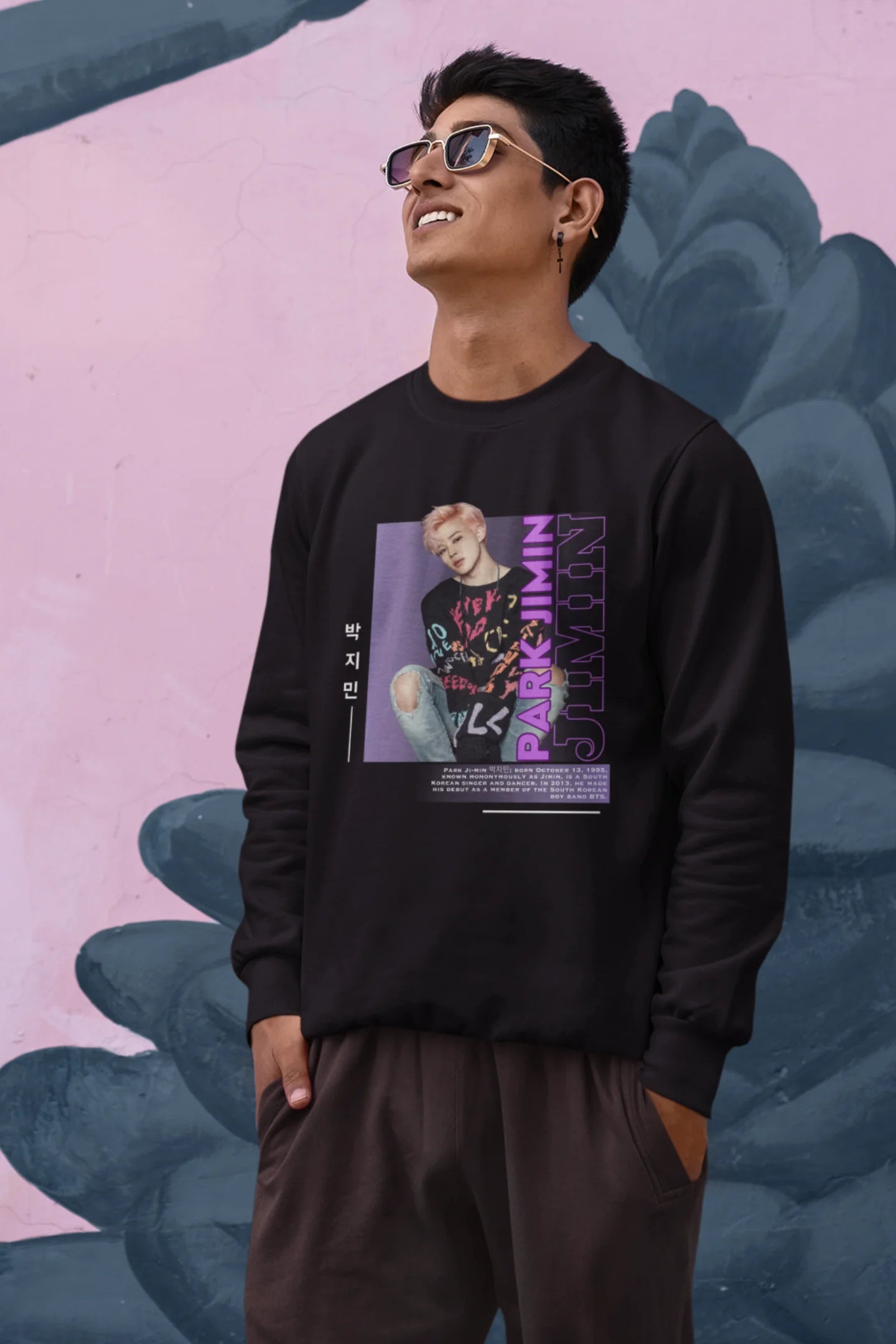 Second front view of male model wearing a black sweat shirt featuring a bold design inspired by BTS member Park Jimin (Jimin). Ideal for BTS fans (ARMY) and K-Pop enthusiasts who love dance-focused music.
