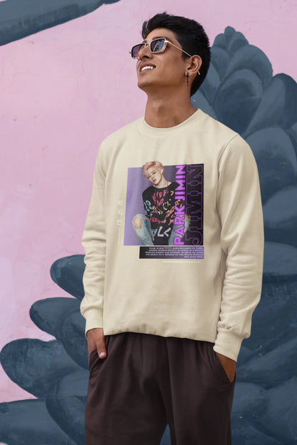 Third front view of male model wearing a cream sweat shirt featuring a bold design inspired by BTS member Park Jimin (Jimin). Ideal for BTS fans (ARMY) and K-Pop enthusiasts who love dance-focused music.