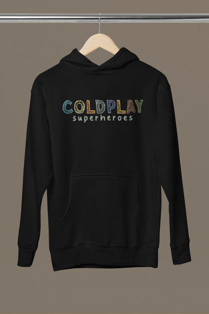 Front view of an black hoodie with a design inspired by the "Something Just Like This" music video, featuring the word "Superheroes".