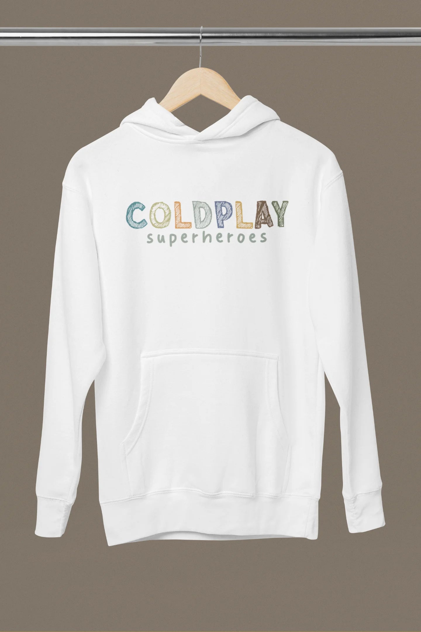 Front view of an off-white hoodie with a design inspired by the "Something Just Like This" music video, featuring the word "Superheroes".