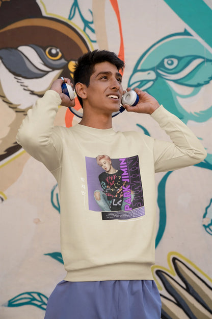 First front view of male model wearing a cream sweat shirt featuring a bold design inspired by BTS member Park Jimin (Jimin). Ideal for BTS fans (ARMY) and K-Pop enthusiasts who love dance-focused music.
