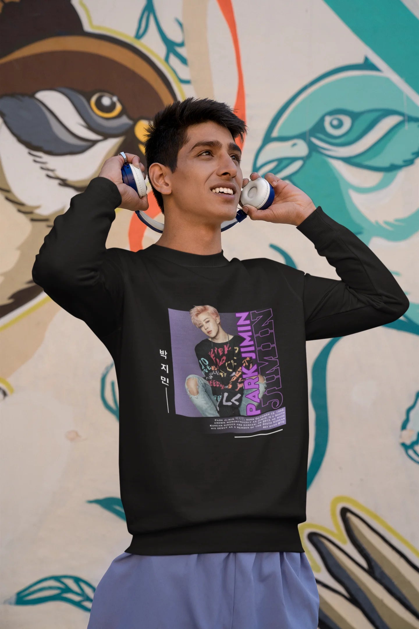 First front view of male model wearing a black sweat shirt featuring a bold design inspired by BTS member Park Jimin (Jimin). Ideal for BTS fans (ARMY) and K-Pop enthusiasts who love dance-focused music.