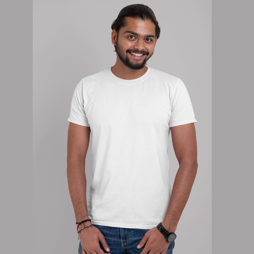Front view of a male model wearing a off-white oversized, premium quality, pure cotton t-shirt.