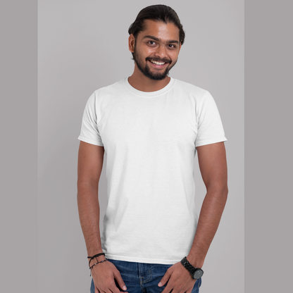 Front view of a male model wearing a off-white oversized, premium quality, pure cotton t-shirt.