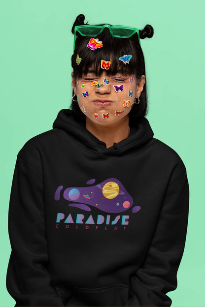 6th front view of a female model wearing an black hoodie with the "Paradise" album artwork by Coldplay.