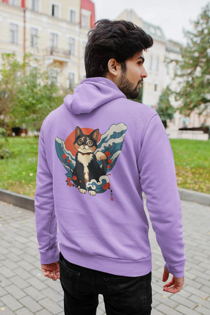 Back view of a male model wearing a lavender hoodie with a design of a cat dressed as a samurai, standing against a backdrop of waves and a rising sun.