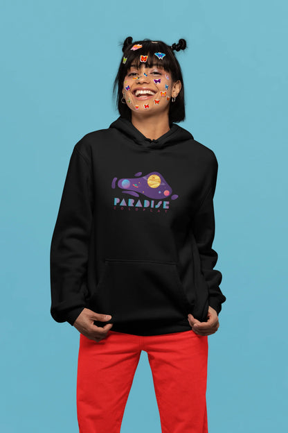 2nd front view of a female model wearing an black hoodie with the "Paradise" album artwork by Coldplay.
