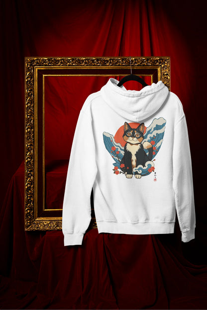 Back view of a white hoodie with a design of a cat dressed as a samurai, standing against a backdrop of waves and a rising sun.