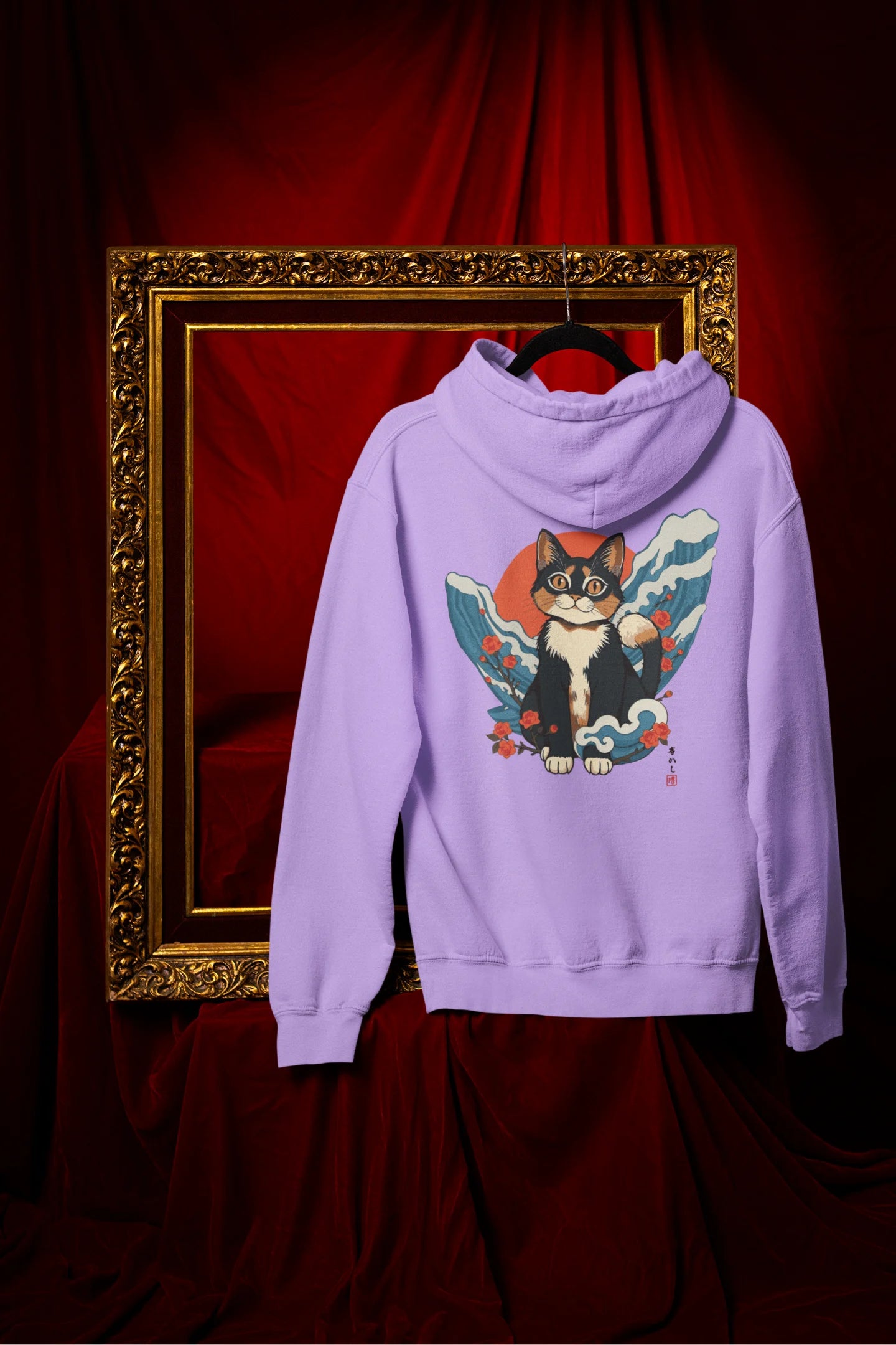 Back view of a lavender hoodie with a design of a cat dressed as a samurai, standing against a backdrop of waves and a rising sun.