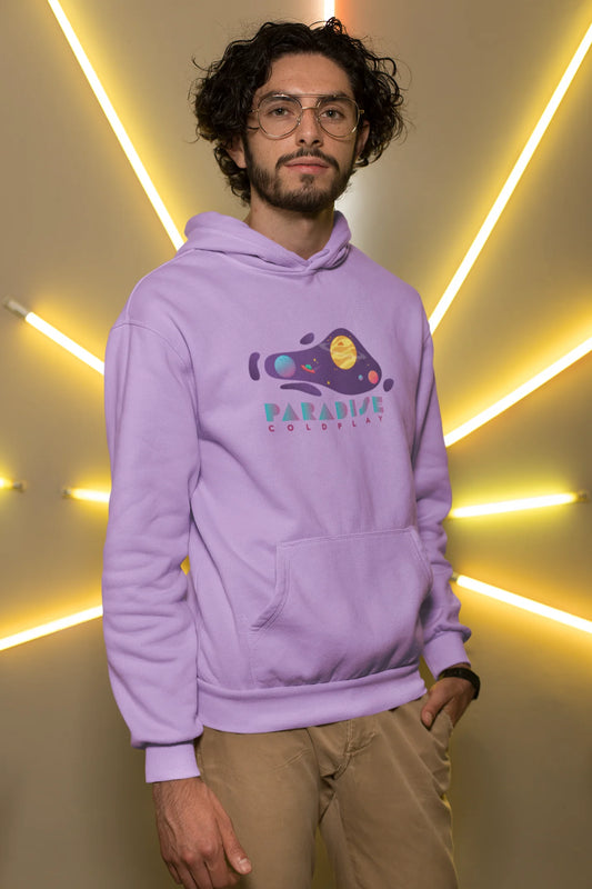 First front view of a male model wearing an lavender hoodie with the "Paradise" album artwork by Coldplay.