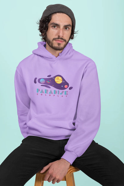 3rd front view of a male model wearing an lavender hoodie with the "Paradise" album artwork by Coldplay.