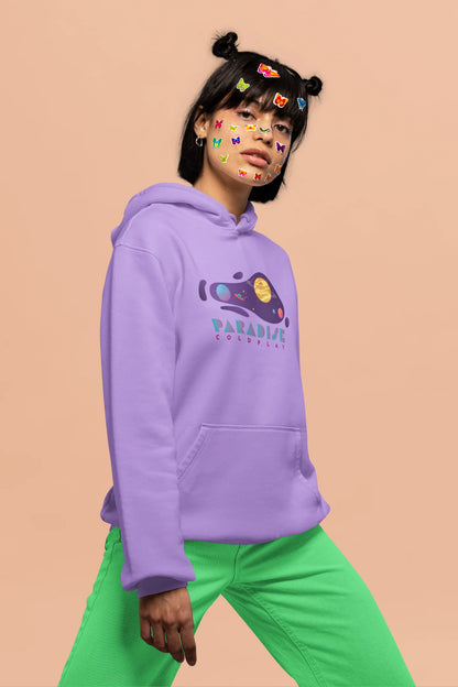 5th front view of a female model wearing an lavender hoodie with the "Paradise" album artwork by Coldplay.