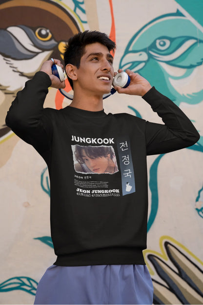 First front view of a male model wearing a black sweatshirt featuring a vibrant design inspired by BTS member Jungkook. Ideal for fans of BTS and K-Pop music in general.
