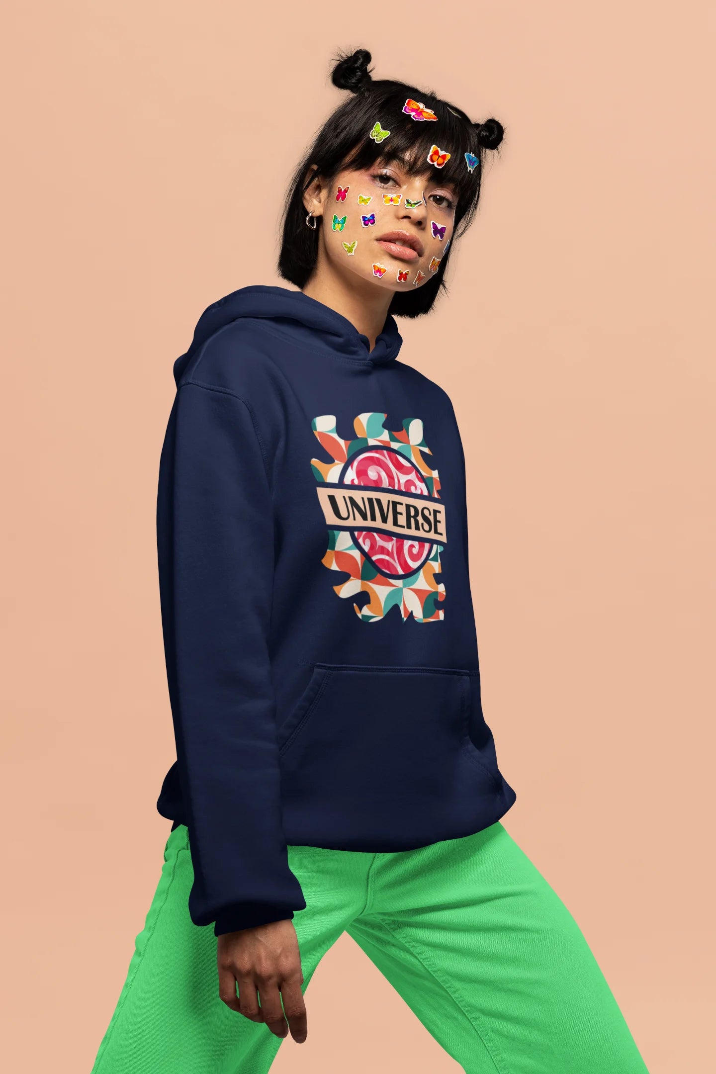4th front view of a female model wearing an royal blue hoodie with a cosmic Universe design inspired by Coldplay.