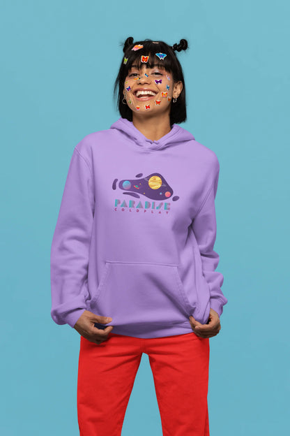 4th front view of a female model wearing an lavender hoodie with the "Paradise" album artwork by Coldplay.