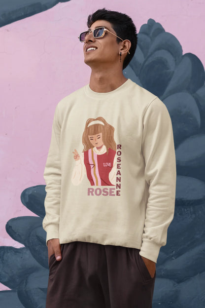 Second front view of a male model wearing a cream sweatshirt featuring a stylish design inspired by Blackpink member Rosé. Ideal for fans of Rosé, Blackpink, and K-Pop music enthusiasts.