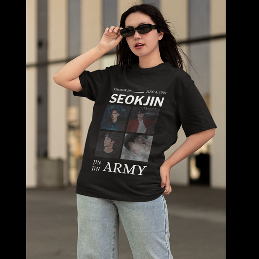First front view of female model wearing an black oversized t-shirt featuring a bold design inspired by BTS member Jin. Ideal for BTS fans (ARMY) and K-Pop enthusiasts looking for unique Korean Wave fashion.