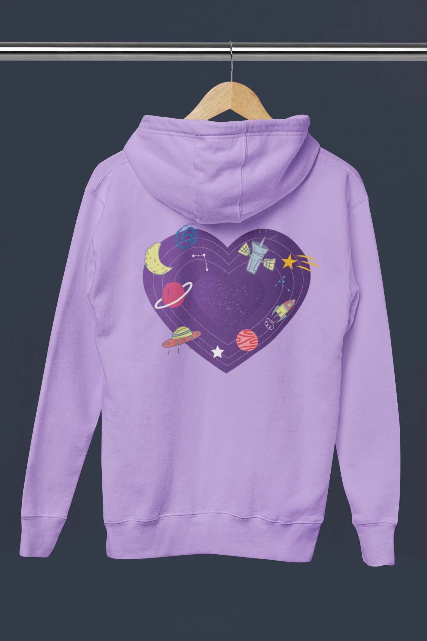 Back view of a lavender hoodie with the "Paradise" album artwork by Coldplay.
