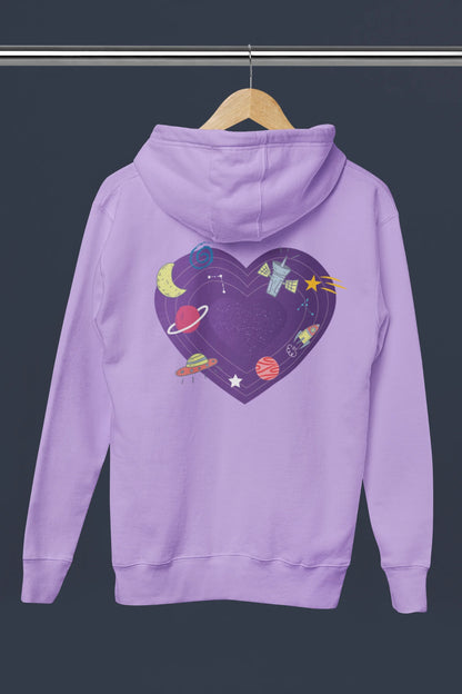 Back view of a lavender hoodie with the "Paradise" album artwork by Coldplay.