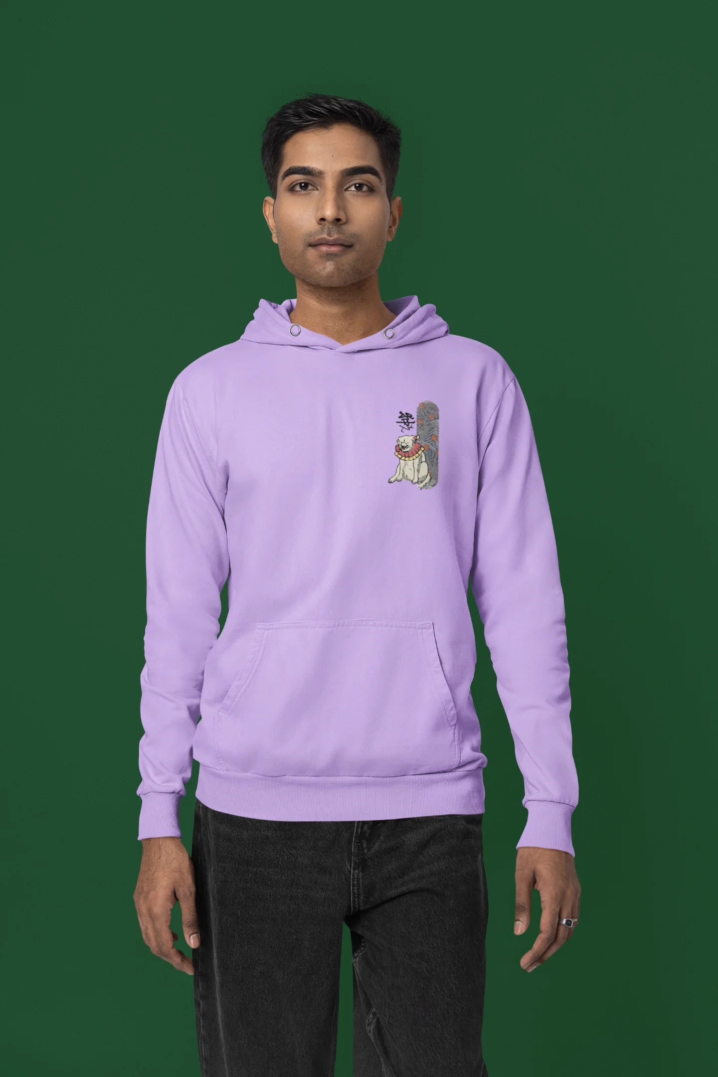 Second front view of a male model wearing a lavender hoodie with a design of a mythical Japanese dog.
