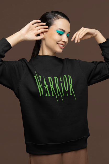 Second front view of a female model wearing a black sweatshirt with a brutalist warrior and horseback battle design.