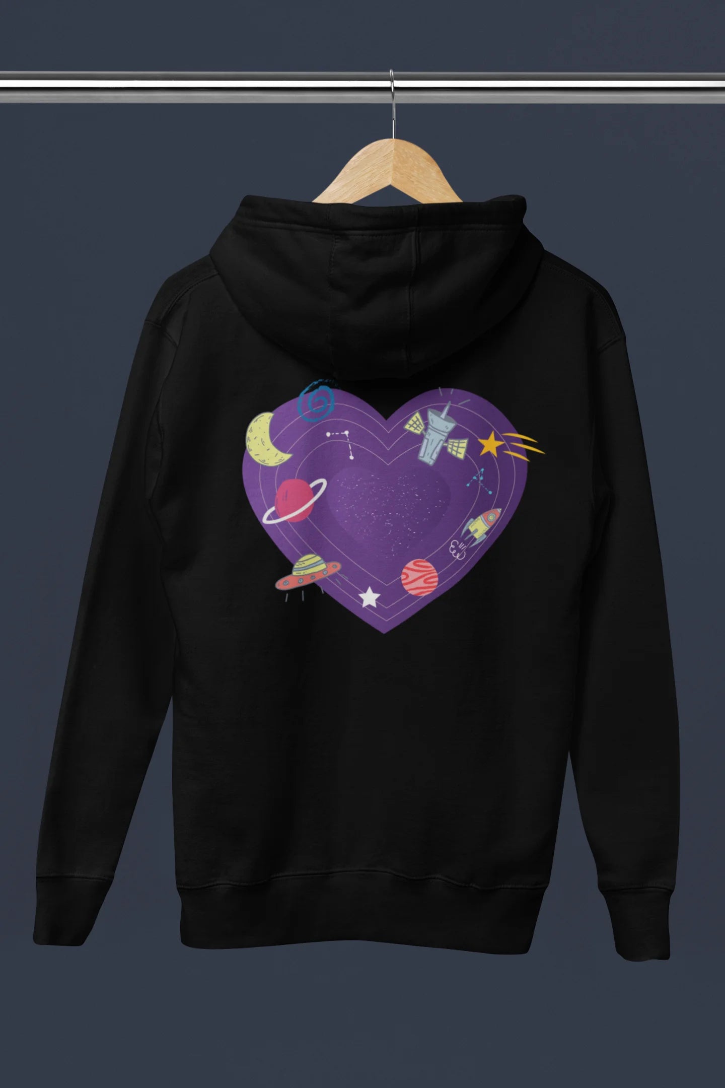 Back view of a black hoodie with the "Paradise" album artwork by Coldplay.