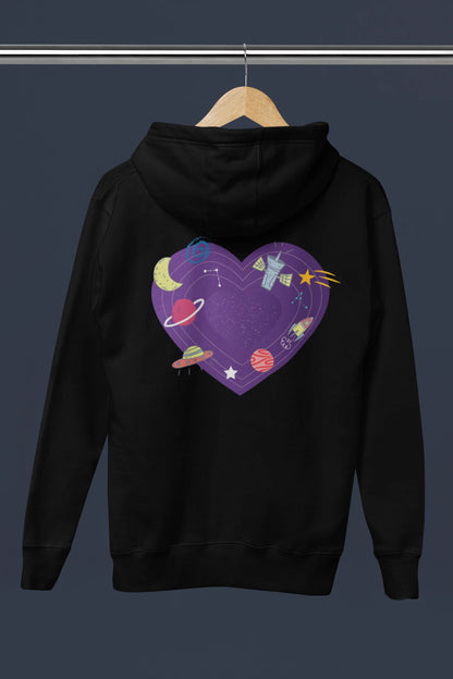 Back view of a black hoodie with the "Paradise" album artwork by Coldplay.